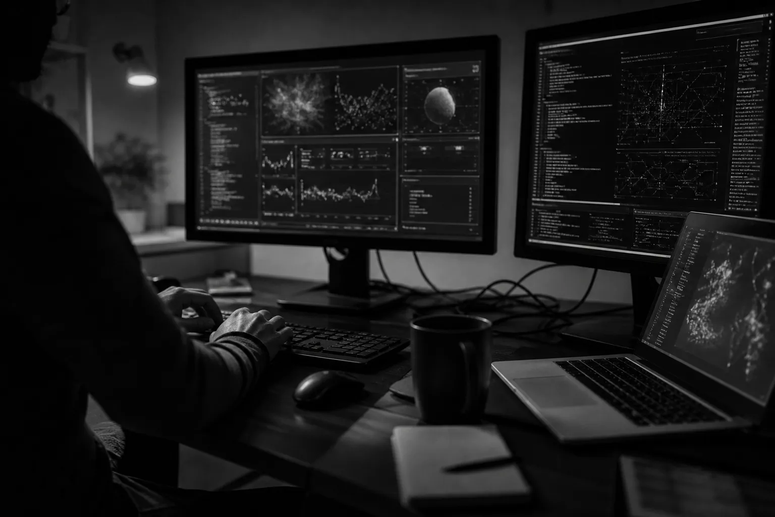 Software workstation with monitors, black-and-white photograph