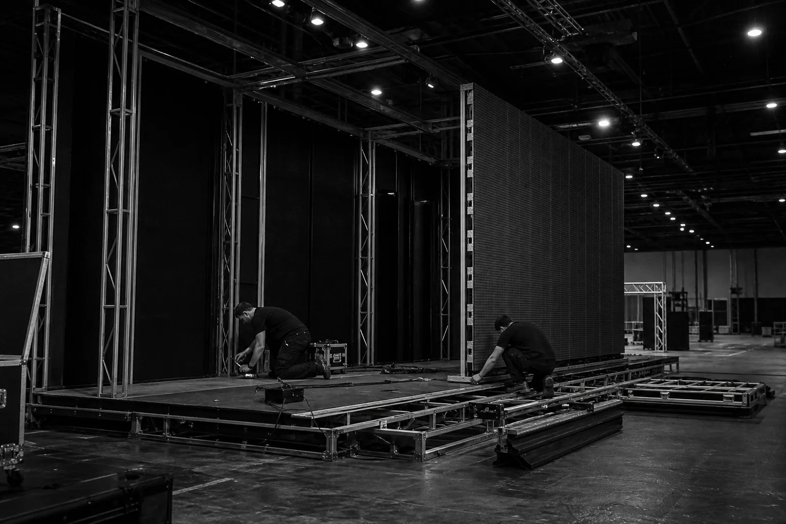 Fair stand under construction, black-and-white photograph