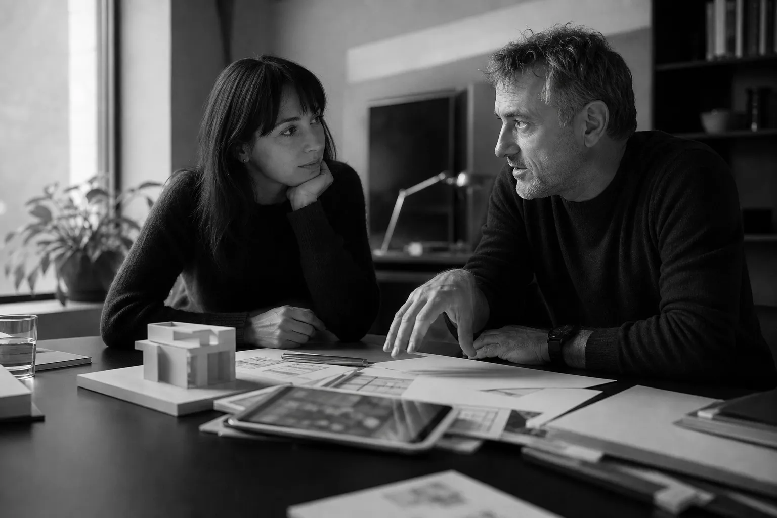 Two people in conversation at a table, black-and-white photograph