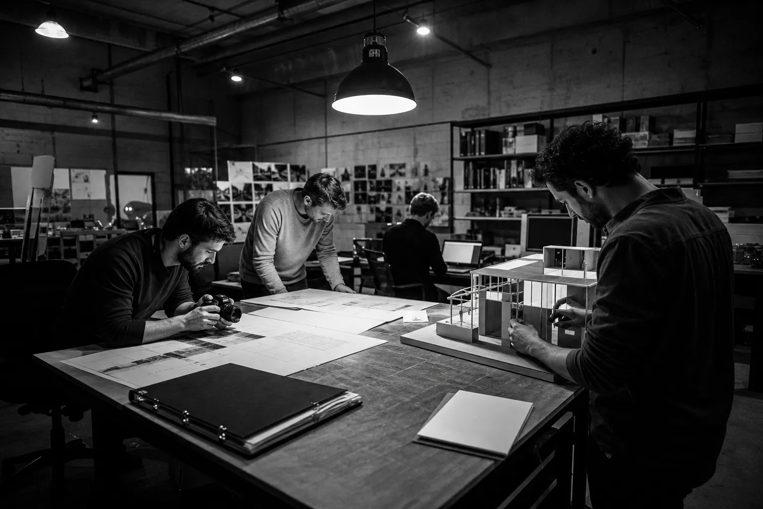 Specialists around a composition table, black-and-white photograph