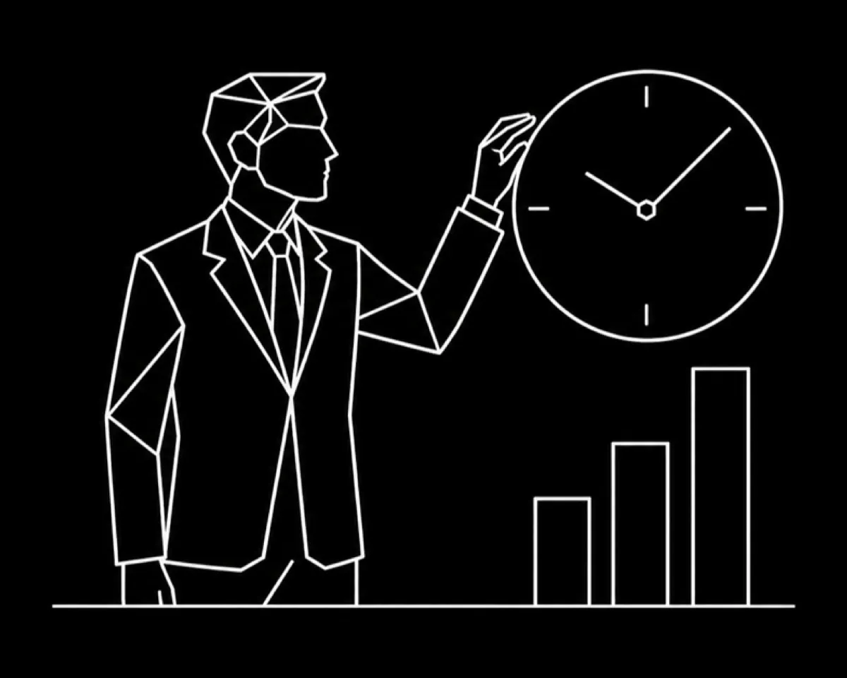 A figure adjusting a clock beside a rising chart